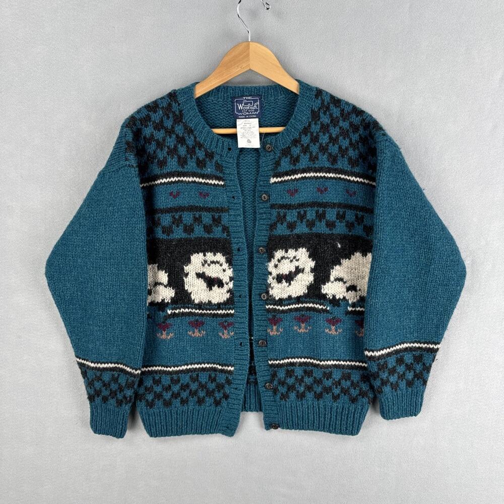 Woolrich Sweater Womens Medium Blue Sheep Fair Isle Wool Cardigan Knit Button